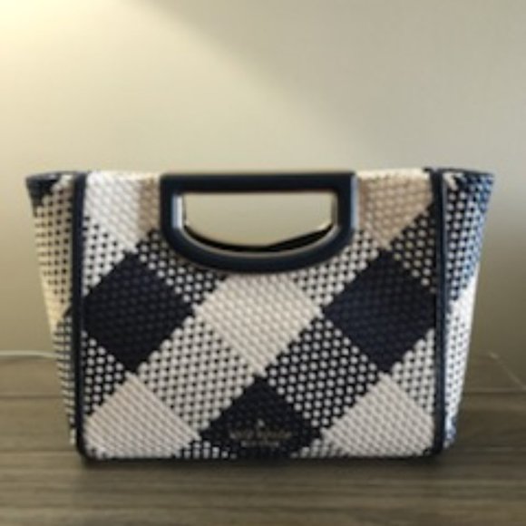 KATE SPADE NWT Gingham Woven Straw Clutch/Crossbody in Navy Blue & Ivory Alexia - Picture 5 of 16